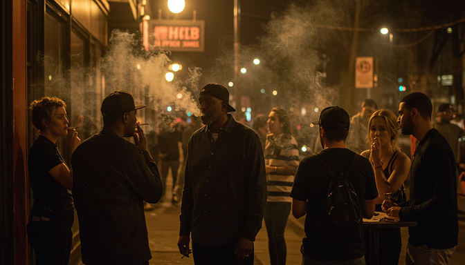 A diverse group of smokers bonding outside a club, smoke under streetlights.