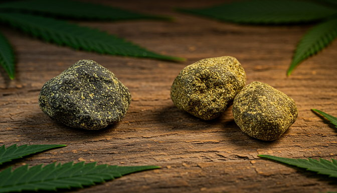 A detailed shot of hash rocks and moon rocks placed on a rustic wooden table, emphasizing their unique textures, colors, and the differences between these cannabis concentrates.