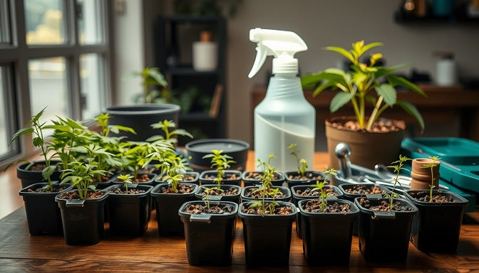 Cannabis seeds and young seedlings arranged neatly with gardening tools, representing the beginning of cultivation.