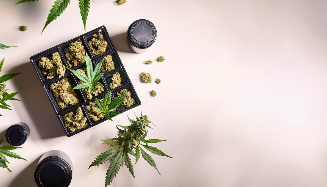 A premium cannabis brand display with stylish packaging, digital branding elements, and a sleek retail setup showcasing a memorable brand identity.
