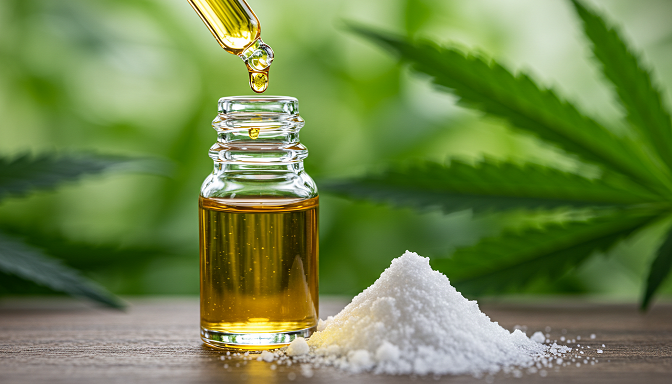 A dropper of golden CBD distillate oil dripping into a pool of clear CBD isolate powder, with a blurred background featuring green hemp leaves.
