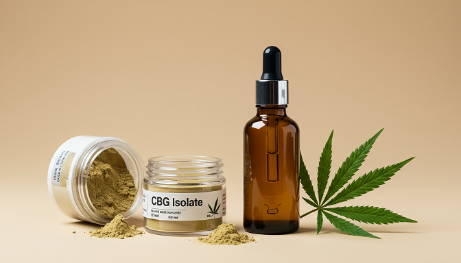 A jar of CBG isolate powder and a dropper bottle of CBG oil with a hemp leaf, symbolizing CBG products and their natural origins.