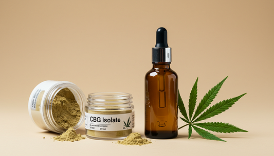 A jar of CBG isolate powder and a dropper bottle of CBG oil with a hemp leaf, symbolizing CBG products and their natural origins.