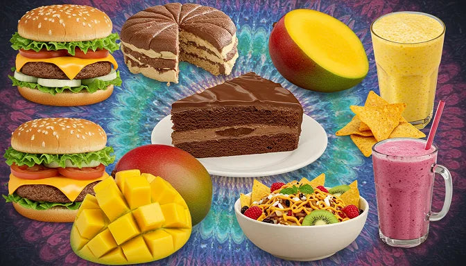 A vibrant collage of the best foods and fruits to eat when high, from burgers and chocolate cake to mangoes and nachos, all enhanced by cannabis | Hurcann