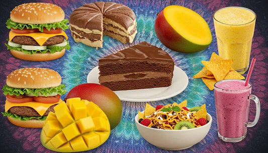 A vibrant collage of the best foods and fruits to eat when high, from burgers and chocolate cake to mangoes and nachos, all enhanced by cannabis | Hurcann