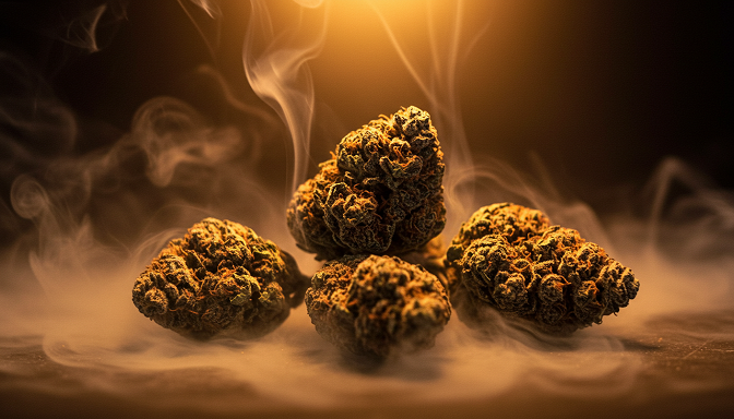 A high-quality shot of Bubba Kush Moon Rocks in warm lighting, surrounded by swirling smoke, showcasing its texture and potent resinous coating.
