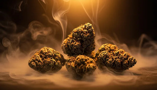 A high-quality shot of Bubba Kush Moon Rocks in warm lighting, surrounded by swirling smoke, showcasing its texture and potent resinous coating | Hurcann