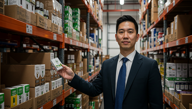 A professional overseeing shelves of CBD products in a warehouse, ready for wholesale distribution.