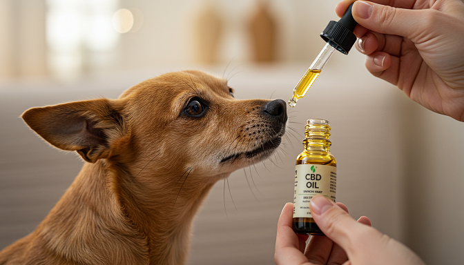 A dog calmly receiving a dose of CBD oil from a dropper, illustrating CBD's potential benefits for pets.