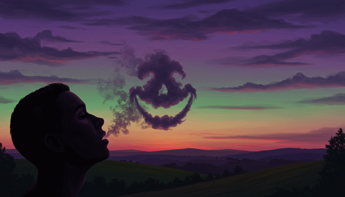 Person exhaling cannabis smoke forming a laughing face against a purple-green sunset sky with distant hills.