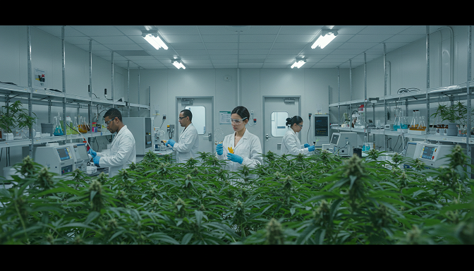 Cannabis lab with scientists, concentrates, and plants.