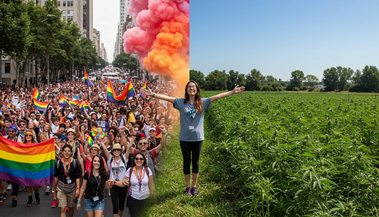 A woman stands with arms outstretched, bridging a vibrant pride parade on one side and a lush cannabis field on the other, symbolizing unity.