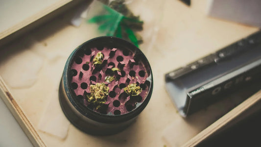 A close-up of a cannabis grinder with partially ground cannabis buds inside, placed on a wooden surface. | Hurcann