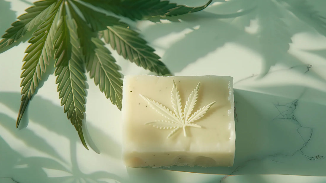 A natural, handmade bath soap infused with cannabis, featuring a hemp leaf design on top, placed on a marble surface with fresh cannabis leaves in the background | Hurcann
