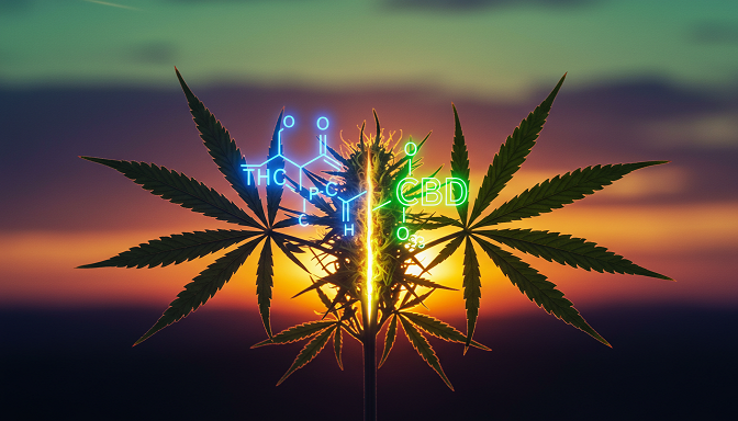 Cannabis plant split with glowing THCa and CBD molecular structures, against a purple-green sunset sky.