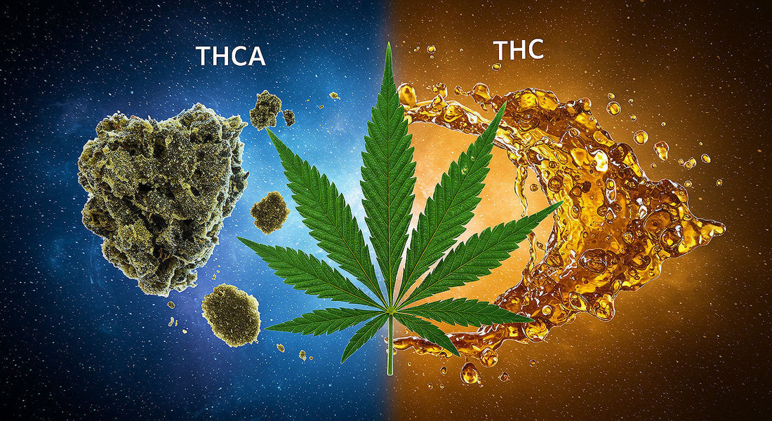 A split image of glowing THCA hash under blue light and sticky THC hash in amber hues, connected by a swirling cannabis leaf on a cosmic gradient background.