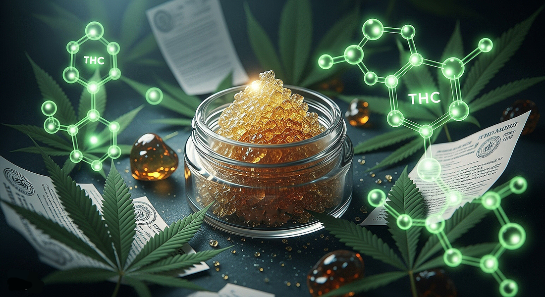 Delta 8 hash jar surrounded by cannabis molecule visuals and legal documents.