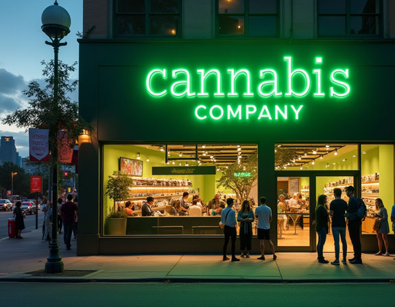 Cannabis storefront with neon private label logo and customers | Hurcann