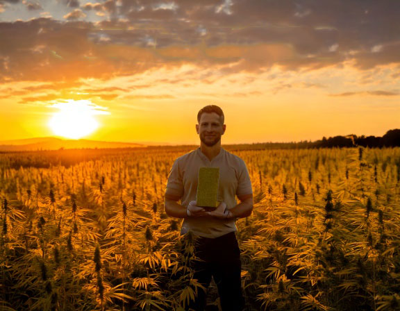A wide, vibrant scene of a cannabis enthusiast holding a block of CBD hash, standing in a golden field of hemp plants under a sunset sky with a glowing "Ultimate Guide" title overhead | Hurcann