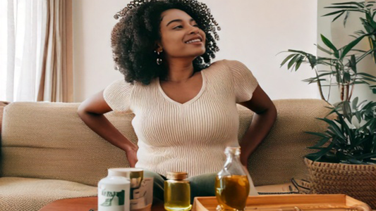 Smiling woman sitting comfortably after using CBD for back pain relief, with CBD oil and cream nearby, symbolizing natural pain management