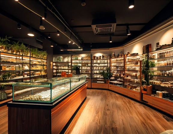 A beautifully designed smoke shop with elegant lighting, stylish decor, and neatly arranged cannabis products, offering a premium shopping experience.