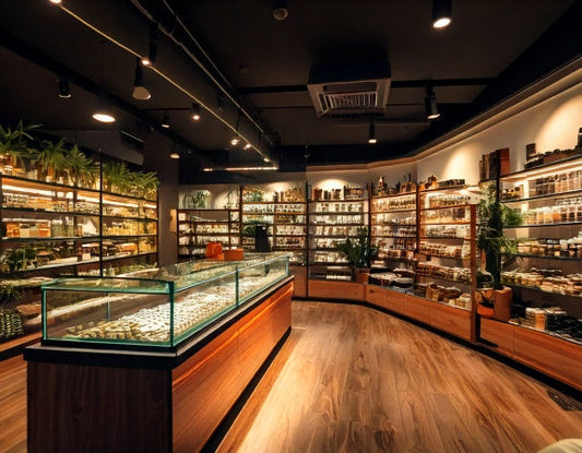 A beautifully designed smoke shop with elegant lighting, stylish decor, and neatly arranged cannabis products, offering a premium shopping experience.