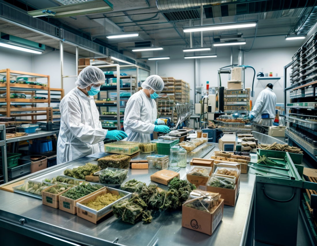Workers in a cannabis manufacturing facility packaging pre-rolls and edibles with high-tech equipment.