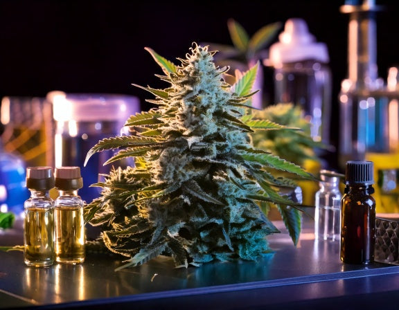 Delta-9 cannabis plant with trichomes under grow lights, surrounded by oil vials and pre-rolls on a lab table.