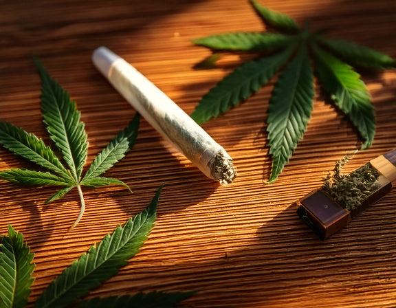 A pre-roll joint on a wooden table with cannabis leaves and a lighter, bathed in soft sunlight.