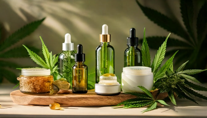 A selection of CBD products including oil, gummies, cream, and capsules, elegantly displayed with natural hemp leaves in the background, evoking a sense of wellness and relaxation