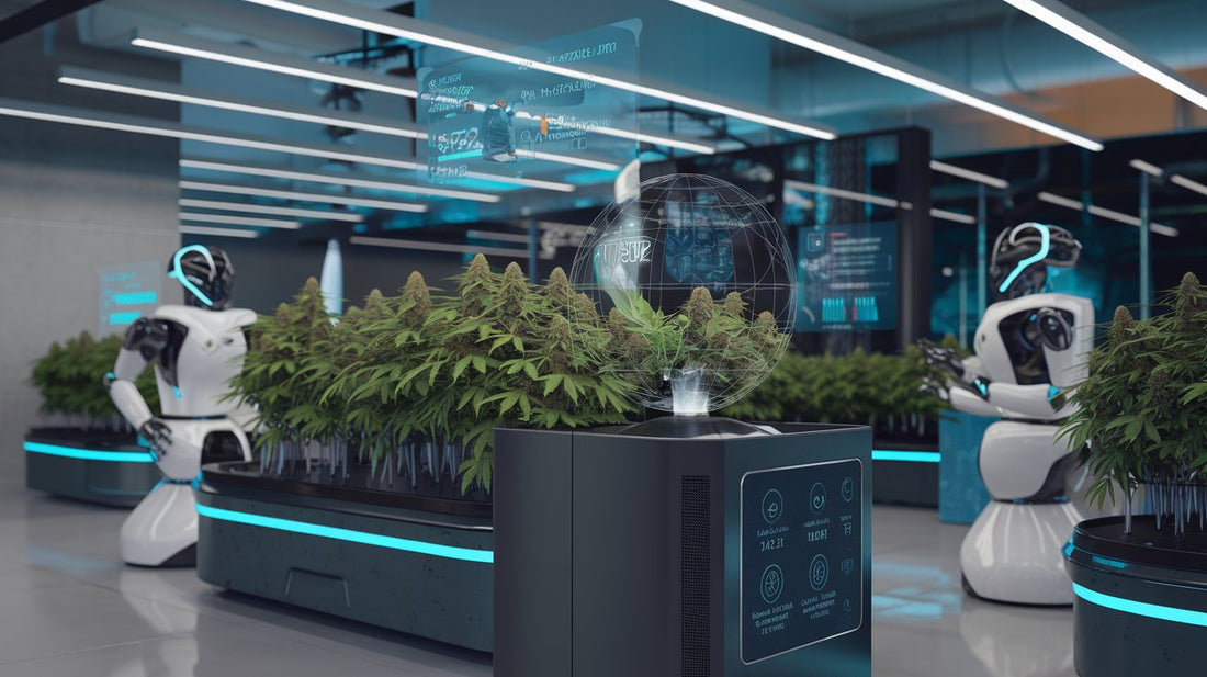 A high-tech cannabis business with AI-driven automation, holographic displays, and robotic systems enhancing cultivation, retail, and logistics.