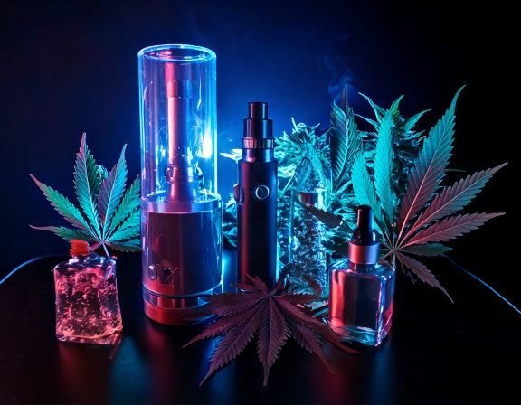 Sleek PAX 3 Vaporizer, glowing Volcano Hybrid, and LED-lit bong on a glossy table with a cannabis leaf background.