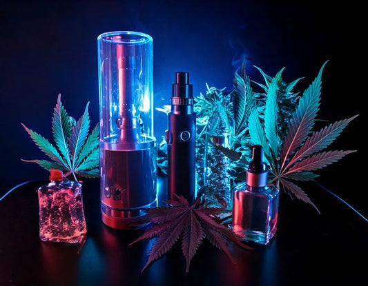 Sleek PAX 3 Vaporizer, glowing Volcano Hybrid, and LED-lit bong on a glossy table with a cannabis leaf background.