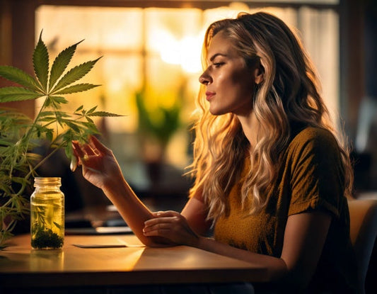 A focused individual with ADHD sitting at a desk, appearing calm and concentrated, while a blurred, chaotic background represents distractions.