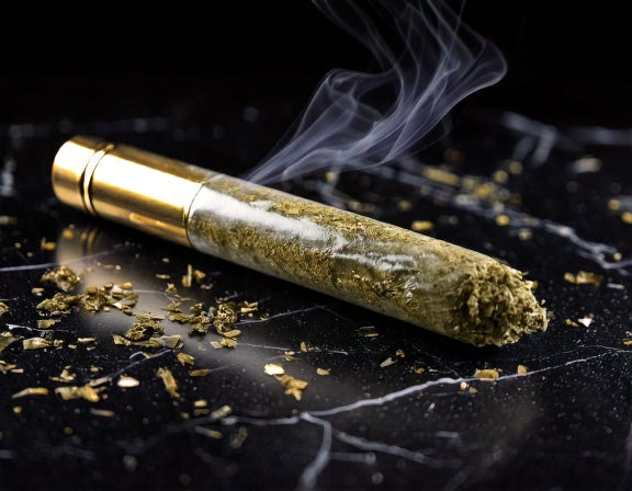 A premium caviar pre-roll on a black marble surface with gold flakes, exuding a luxurious vibe with a subtle smoke trail | Hurcann