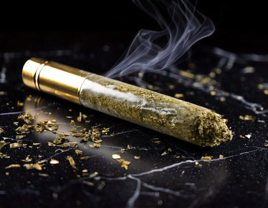 A premium caviar pre-roll on a black marble surface with gold flakes, exuding a luxurious vibe with a subtle smoke trail.