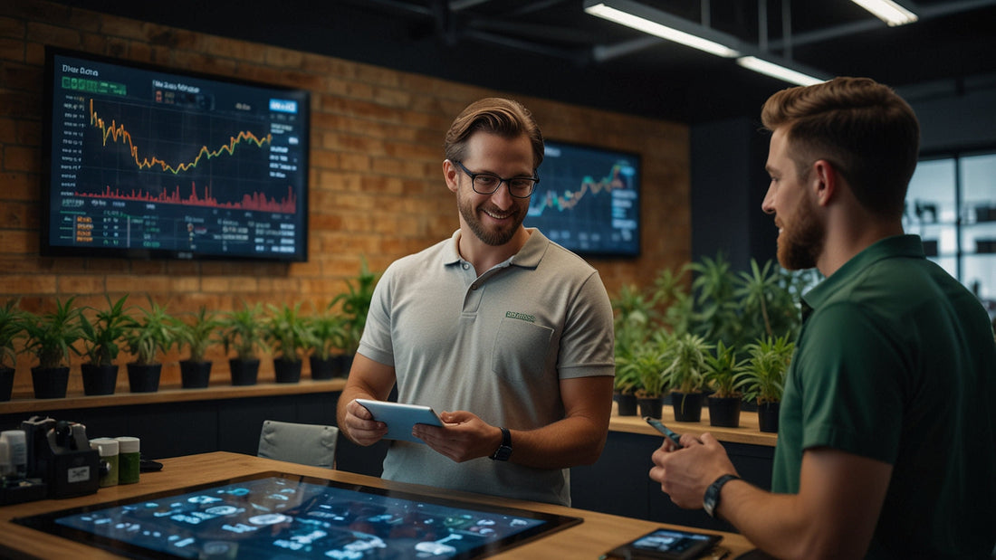 A futuristic cannabis business scene featuring AI-powered dispensaries, sustainable farming, and e-commerce innovations, representing key industry trends in 2024
