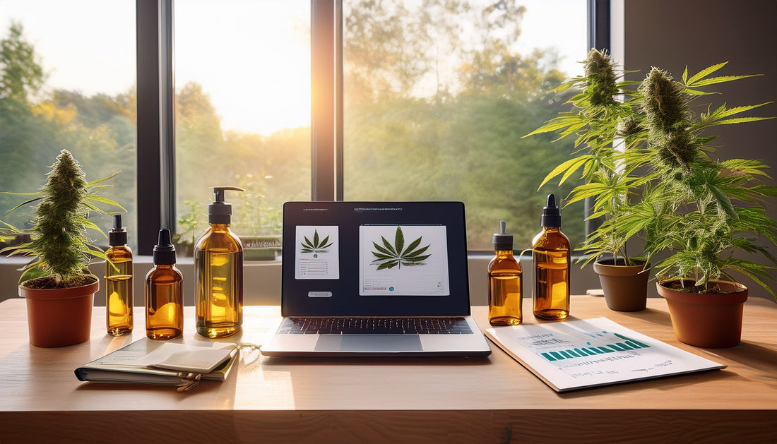 A modern desk setup with cannabis products, financial charts, and a laptop displaying a cannabis business logo, capturing an entrepreneurial vibe