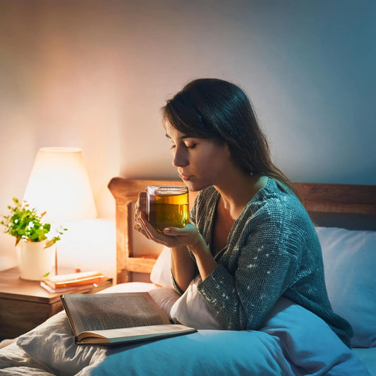 A person in bed at night, holding a warm cup of CBD-infused tea. A bedside lamp casts a soft glow, with a CBD oil bottle and book on the nightstand. | Hurcann