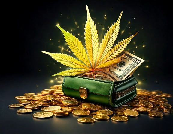 Cannabis leaf wallet with money and a referral link.