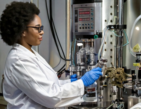 Worker in a lab coat at a modern cannabis manufacturing facility with CO2 extraction machine and packaged products.