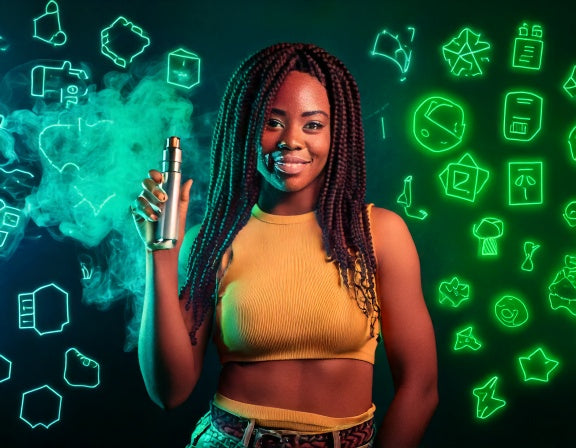 Influencer with cannabis vape pen and social media icons.