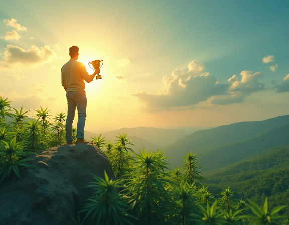 Entrepreneur on hemp leaves with trophy and sunrise