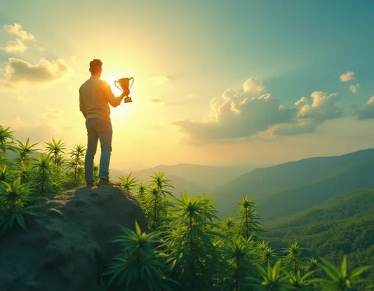 Entrepreneur on hemp leaves with trophy and sunrise | Hurcann