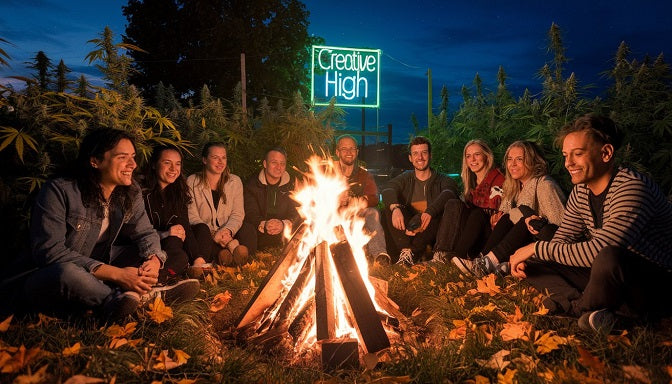 Friends around a bonfire with cannabis plants and neon sign