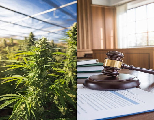 Split-screen of a cannabis farm and a courtroom with legal documents, representing legalization pros and cons.