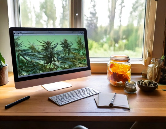 Bright home office with a computer showing a cannabis affiliate page, a jar of gummies, and a notepad in soft daylight.
