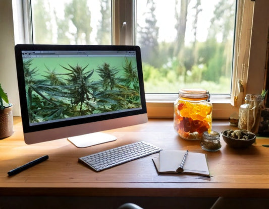 Bright home office with a computer showing a cannabis affiliate page, a jar of gummies, and a notepad in soft daylight.