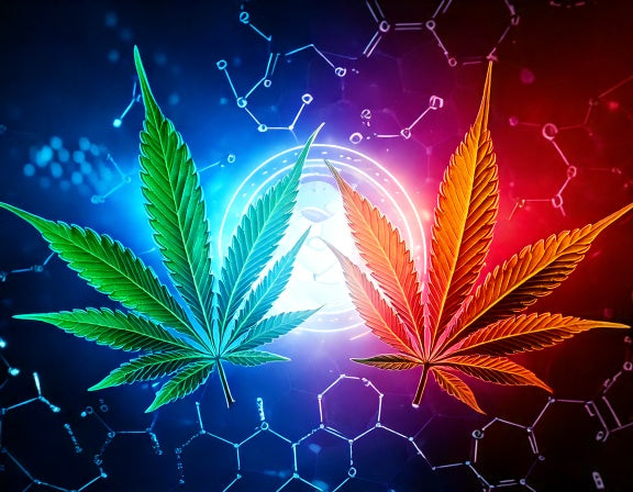 HHC and Delta-8 cannabis leaves in a showdown ring with molecule crowd.