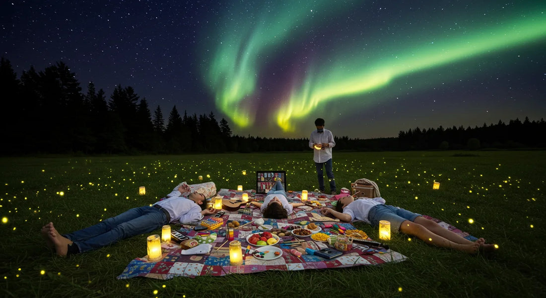 Friends relaxing in a dreamy twilight meadow with art supplies, musical instruments, and a picnic, beneath a glowing aurora borealis in the night sky | Hurcann